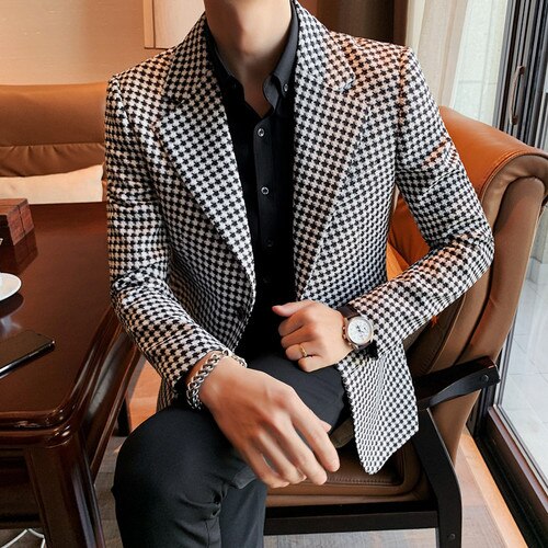 Veste de Costume Slim et décontractée pour Homme, blazer à carreaux, Style britannique, manteau d'affaires, de rue, pour mariage, printemps, 2022: black white / XXXL