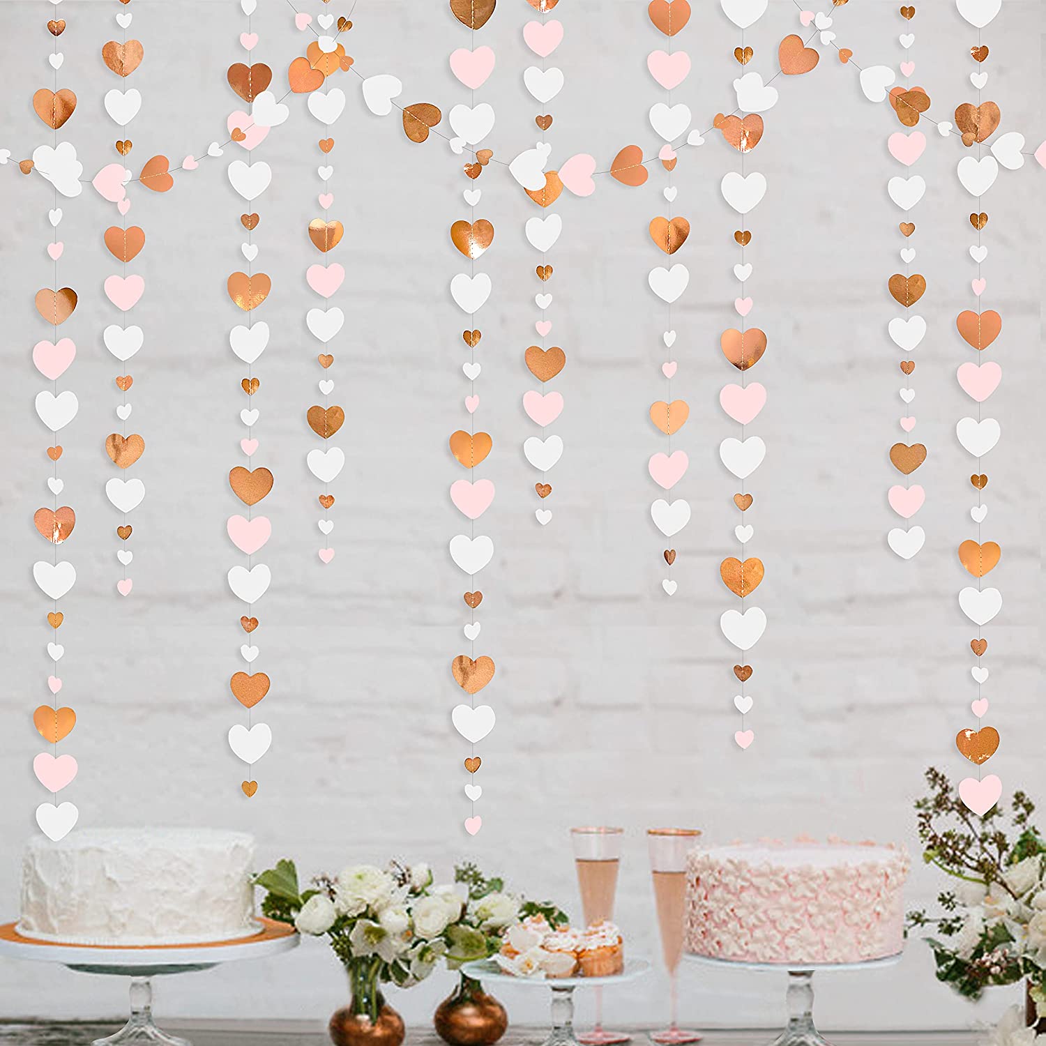 13Ft Papier Weiß Gold Liebe Herz Girlande Stromer Hängen für Bachelorette Hochzeit Braut Dusche Baby Geburtstag Party Dekorationen: Rose Gold Rosa Weiß