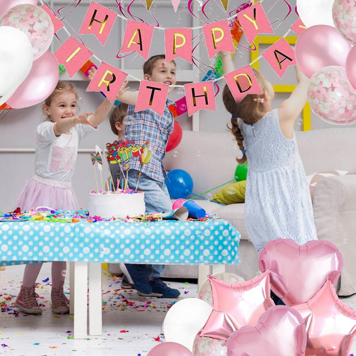Birthday Party Supplies Decor Kit Foil & Latex Balloons Happy Birthday Banner Swirls Paper Flowers Party Decor For Indoor