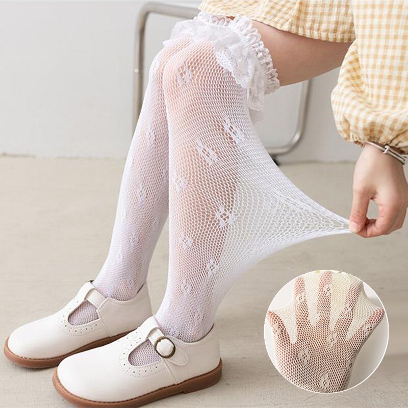 Calcetines hasta la rodilla de encaje para niñas, medias largas de princesa con volantes, malla transpirable, calado, verano, 2022