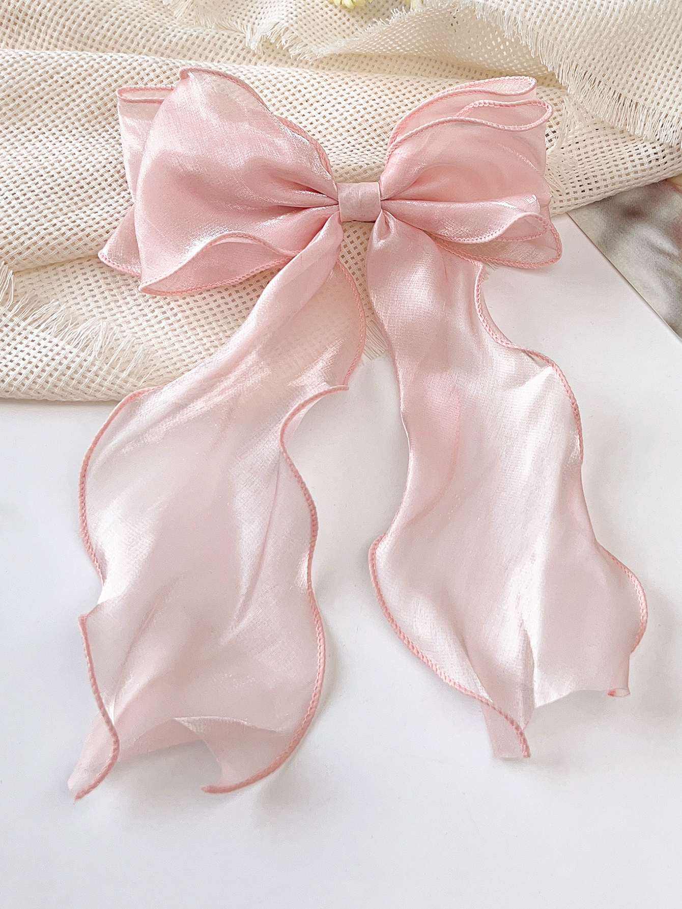 Pinzas para el cabello con lazo de Organza blanco para mujer, tocado francés fresco de sensación Premium, tarjetas grandes para el cabello, accesorios para el cabello para niña: Rosa