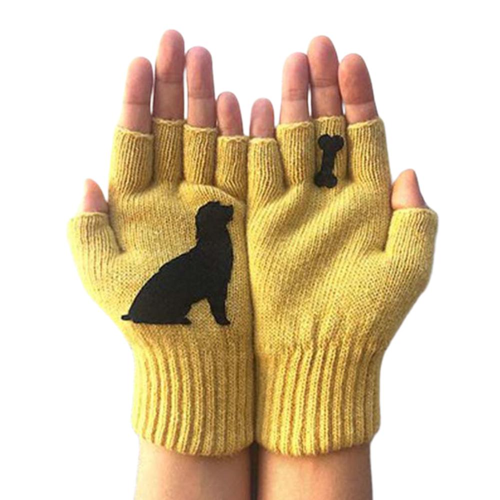 Kvinder vinterstrikkede fingerløse handsker kawaii hvalp hund ben udskrivning varme vanter: Gul