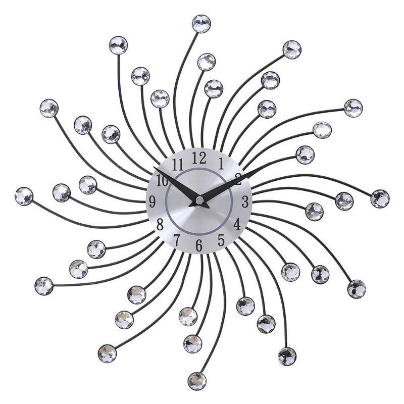 33cm Vintage Metal Crystal Sunburst Wall Clock Luxury Diamond Large Wall Clock Morden Silent Clocks for Home Decor: Default Title