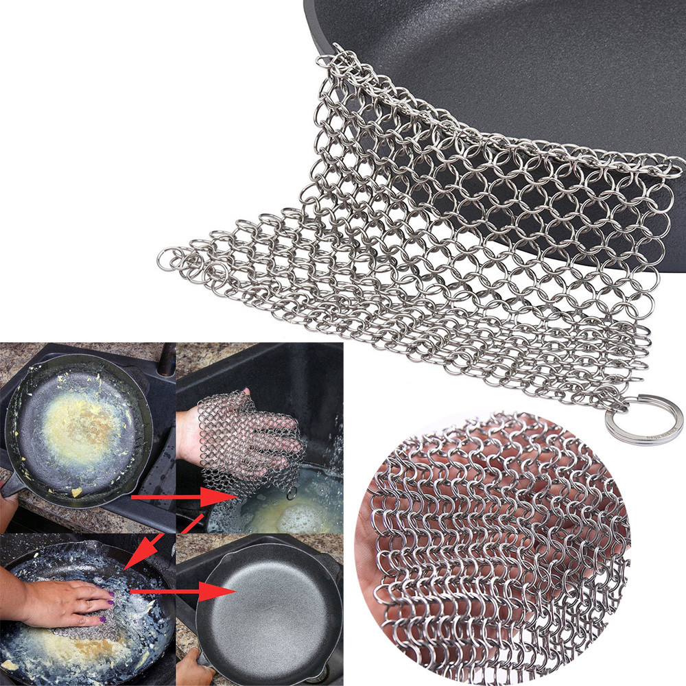 Cast Iron Cleaner Stainless Steel Chainmail Kitchen Tools Pan Scrubber Anti-rust 15x15cm