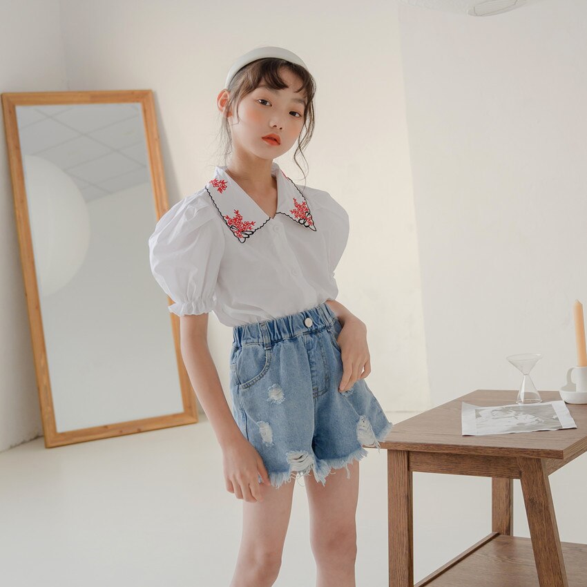 Blusa de algodón con manga abombada para niñas y adolescentes, blusa bordada de ,