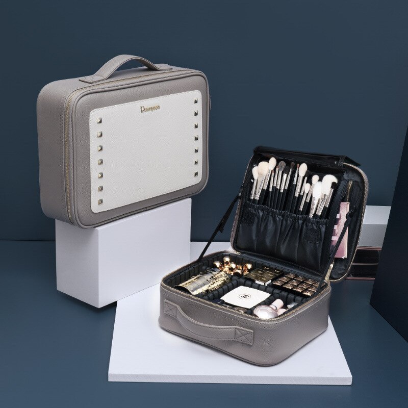 JUNKAI-Bolsa de cosméticos , organizador de maquillaje bonito, material de cuero gris con partición, productos cosméticos de alta capacidad