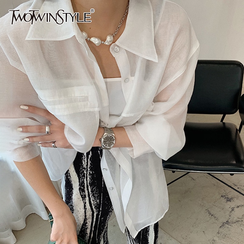 TWOTWINSTYLE White Perspective Shirt For Women Lapel Long Sleeve One Size Casual Blouse Female Summer Clothing