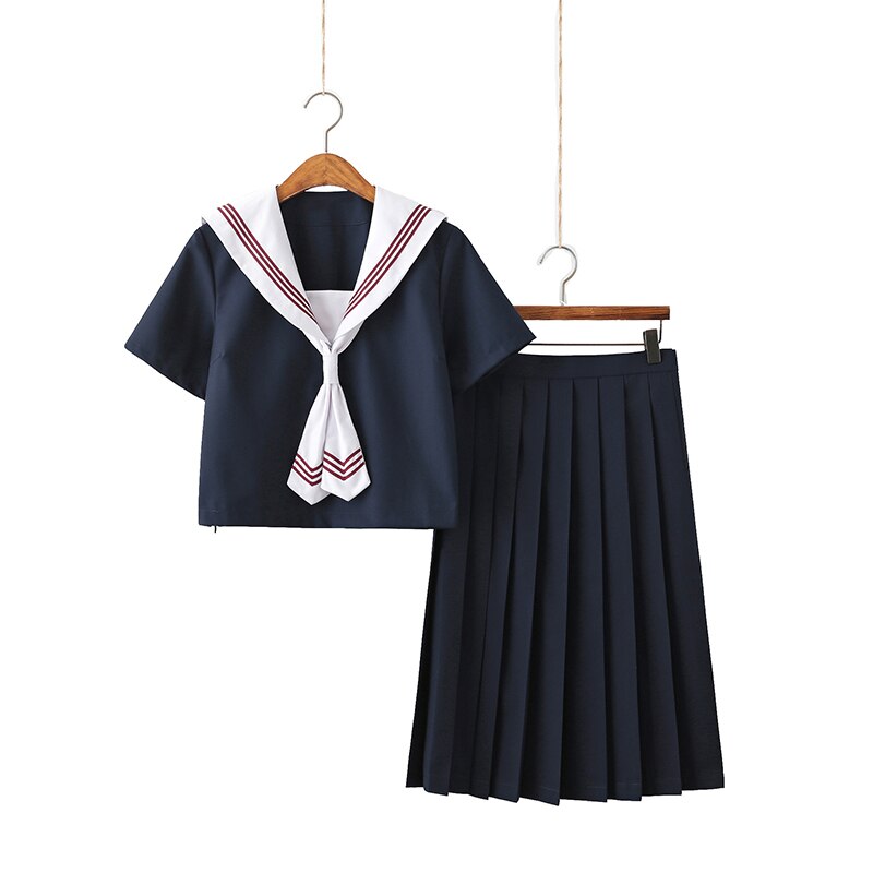 Three Red Lines White Collar Summer Navy Sailor Suit Tops Skirts Women JK High School Uniform Class Students Cloth: 3 / S