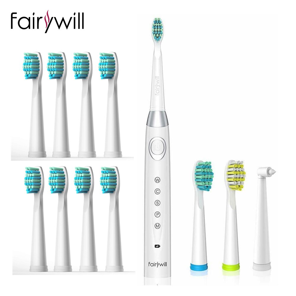 Fairywill Electric Sonic Toothbrush 5 Modes Replacement Heads Waterproof Rechargeable Powerful Cleaning Soft Heads Toothbrush: 508White-FW01-2