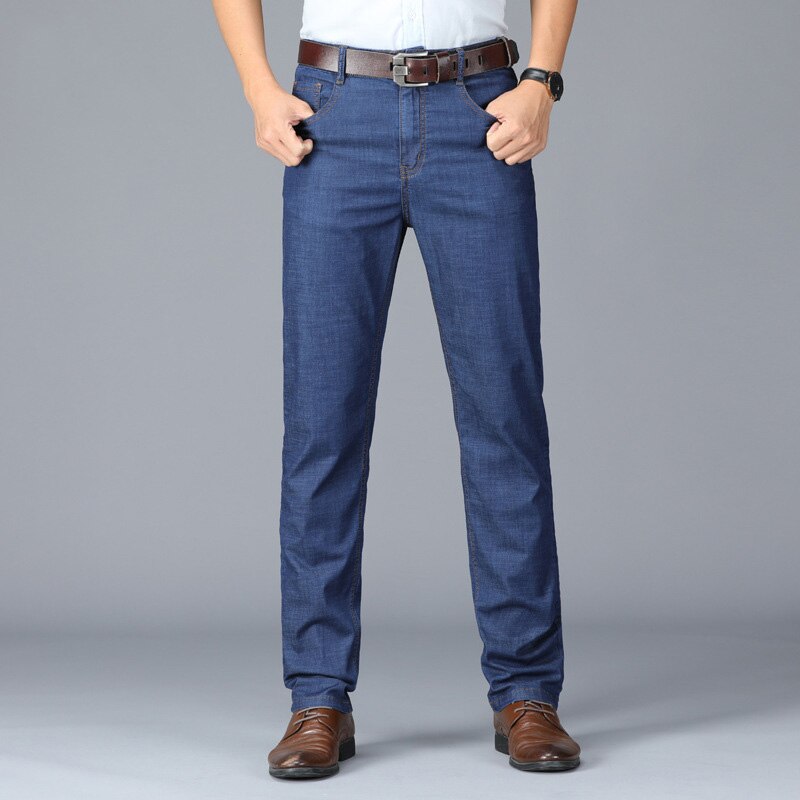 Famous Brand Denim Pants Men Lightweight Autumn Business Casual Jeans Men Straight Mid-waist Men Clothing Plus Size Blue Jeans: 31