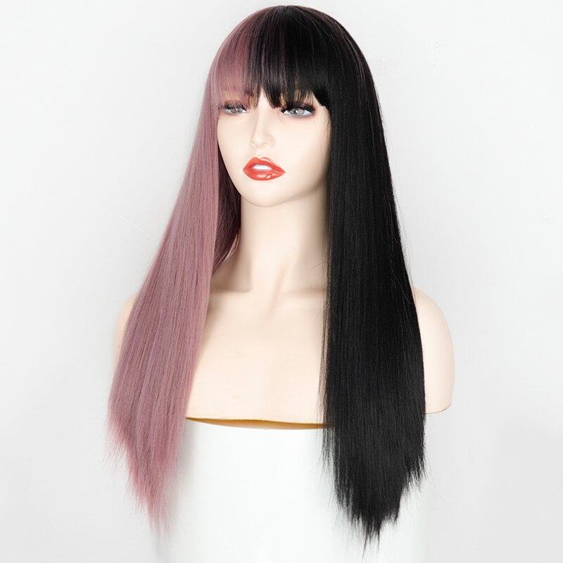 Synthetic wig Purple and Black Wig Long Straight hair Cosplay Wig Halloween wig Two Tone Ombre Color Women Hair Wigs Pink Green