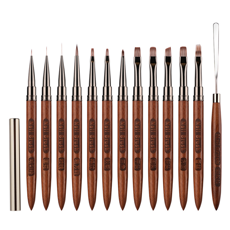 Pincel redondo con mango de madera para decoración de uñas, espátula Triangular, línea de pintura de dibujo, herramientas de manicura de Metal redondas y planas: YELLOW