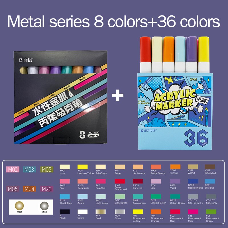 STA 1004 DIY Acrylic Markers Pen Set Drawing Poster Journal Scrapbook Painting Graffiti Pens For School Student Art Supplies: 8Met-36 color-1004