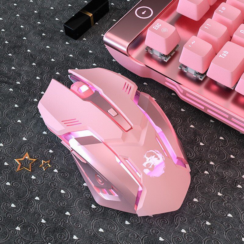 Gaming Wired Mouse Mute USB Cute Girl Optical Pink Mouse 7-Button 2400DPI E-sports Gaming Mouse For PC Laptop: Wireless mute powder
