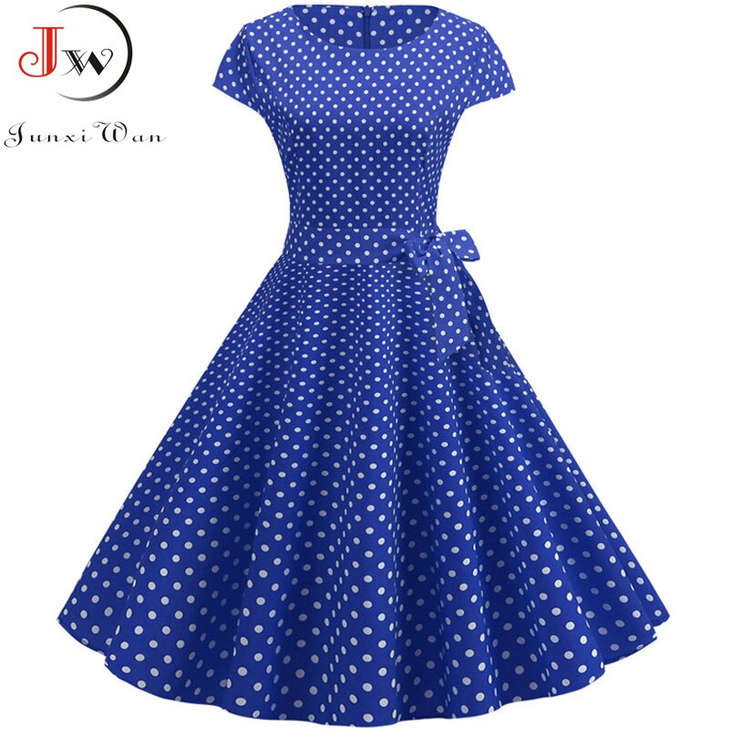 Vintage Kleid Damen Sommer Kurzarm Polka Dot Midi Casual Büro Partykleid 50er 60er Pin Up Rockabilly Kleider: XL / Himmel Blau