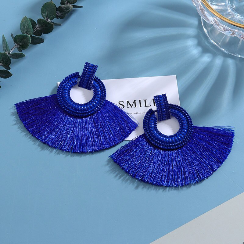Bohemian Tassel Earrings for Women Cotton Silk Fabric Long Fringe Dangle Earrings Party Female Jewelry: Blue 4