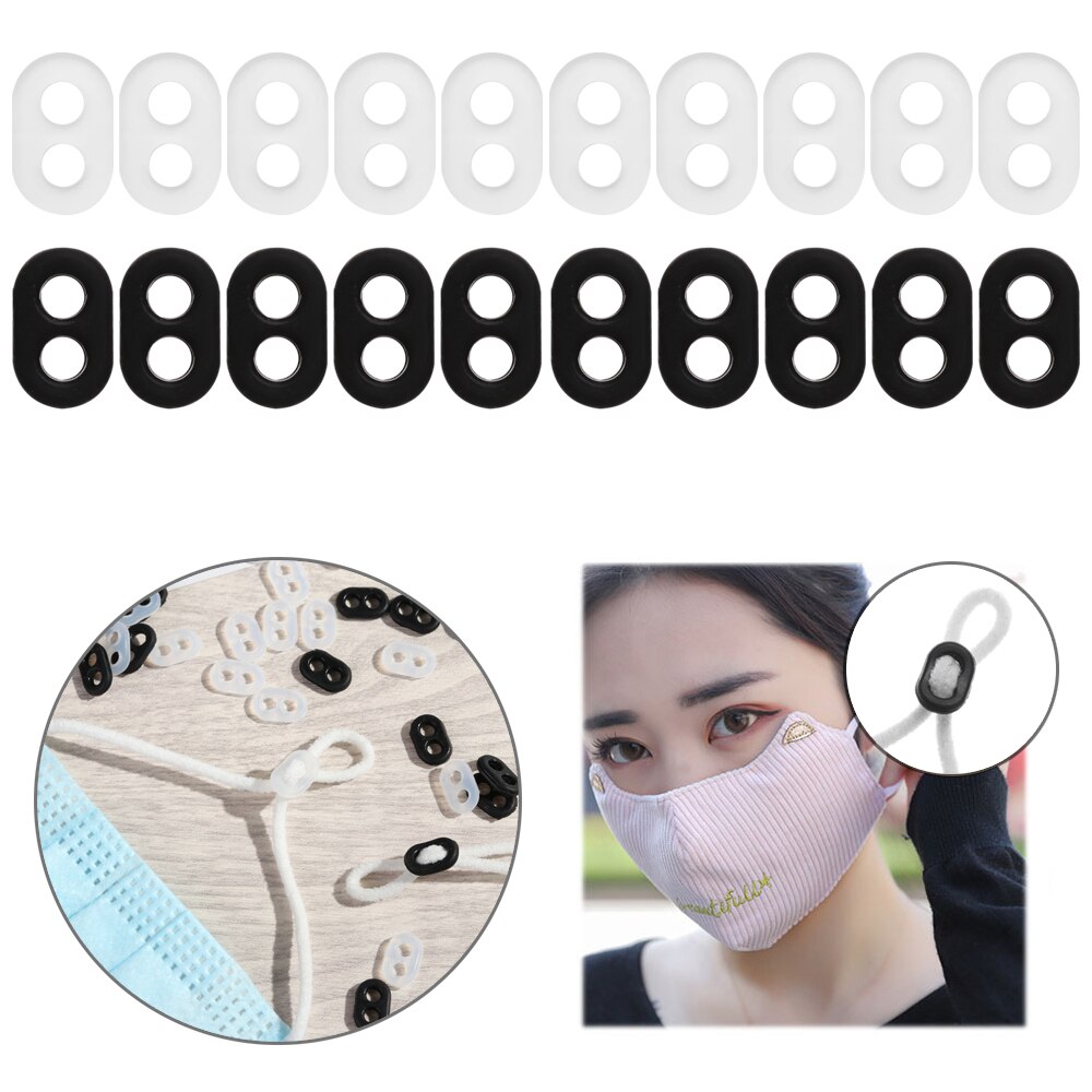 50 Stuks Anti-Slip Masker Dubbele Gat Gesp Plastic Zwart/Wit Elastische Band Masker Stopper Ear Koord Trekkoord masker Draai Knop