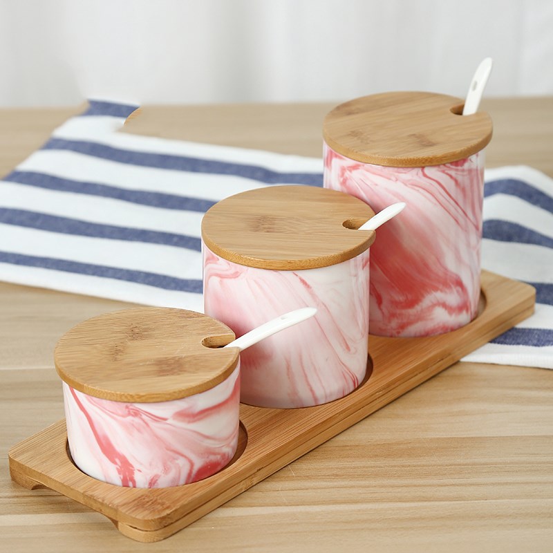 Chinese ceramic seasoning pot Kitchen Tools Gadgets Salt Sugar bowl Canister spice jar Herb Spice Tools Ceramic jar Bamboo box
