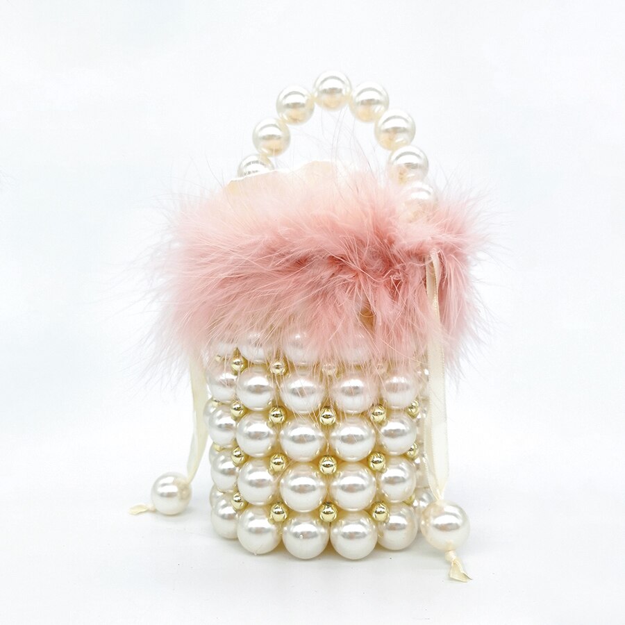 Faux Fur Pearl Avondtasje Vrouwen Retro Handgemaakte Clear Parel Kralen Kleine Clutch Emmer Handtas Dames Schoudertas Wedding Party