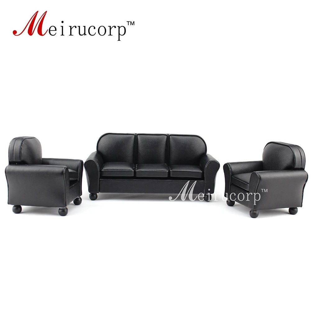 Poppenhuis meubels 1/12 schaal Miniatuur zwart lederen Sofa en stoel 3 stks set