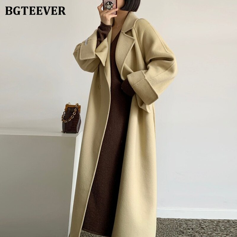 BGTEEVER-abrigos de mezcla larga para mujer, abrigos gruesos de invierno, abrigos cálidos con cordones y cuello con muescas,