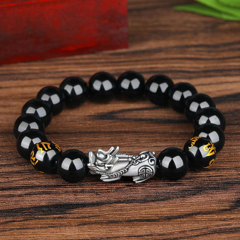 Mannen Zwart Obsidiaan Steen Boeddhisme Zes Woorden Legendarische Bixie Bead Armband Trekken Lucky Wealth Amulet Sieraden: 6