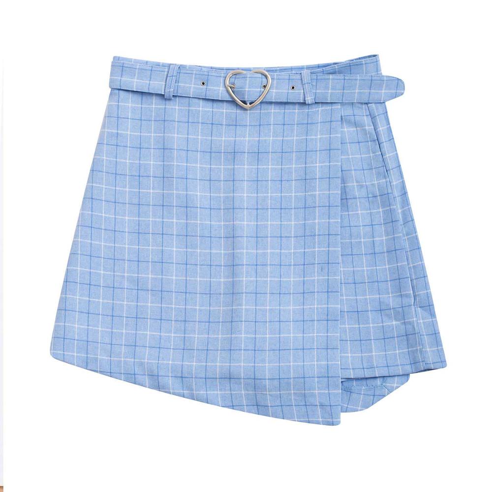 Sommer høj talje søde sashes nederdele kvinder nederdel shorts slank korean lynlås plaid pink blå preppy stil: Himmelblå / L
