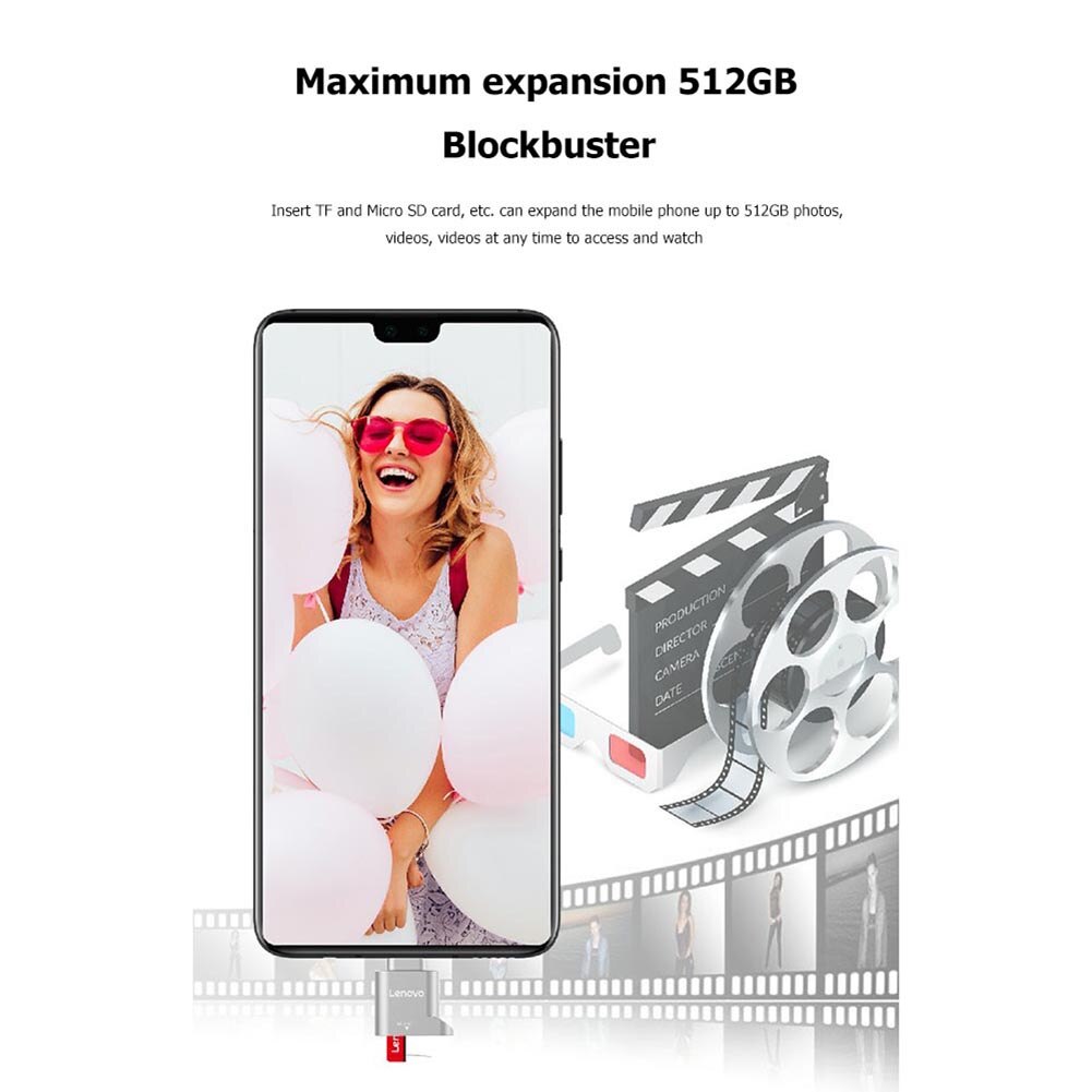 Lenovo-lector de tarjetas D201, USB tipo C, 480Mbps, 512GB, USB-C, TF, microSD, adaptador de tipo OTG-C, tarjetas de memoria para teléfono inteligente y portátil