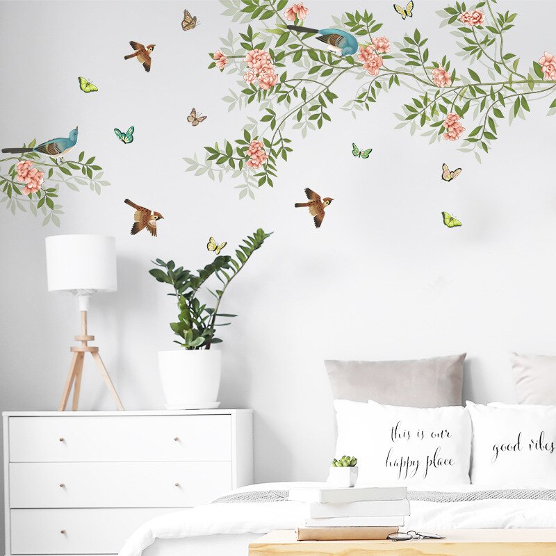 Chinese Style Small Fresh Branches Wall Stickers Flowers Bird Bedroom Living Room Home Decor Self-adhesive Removable Wallpaper