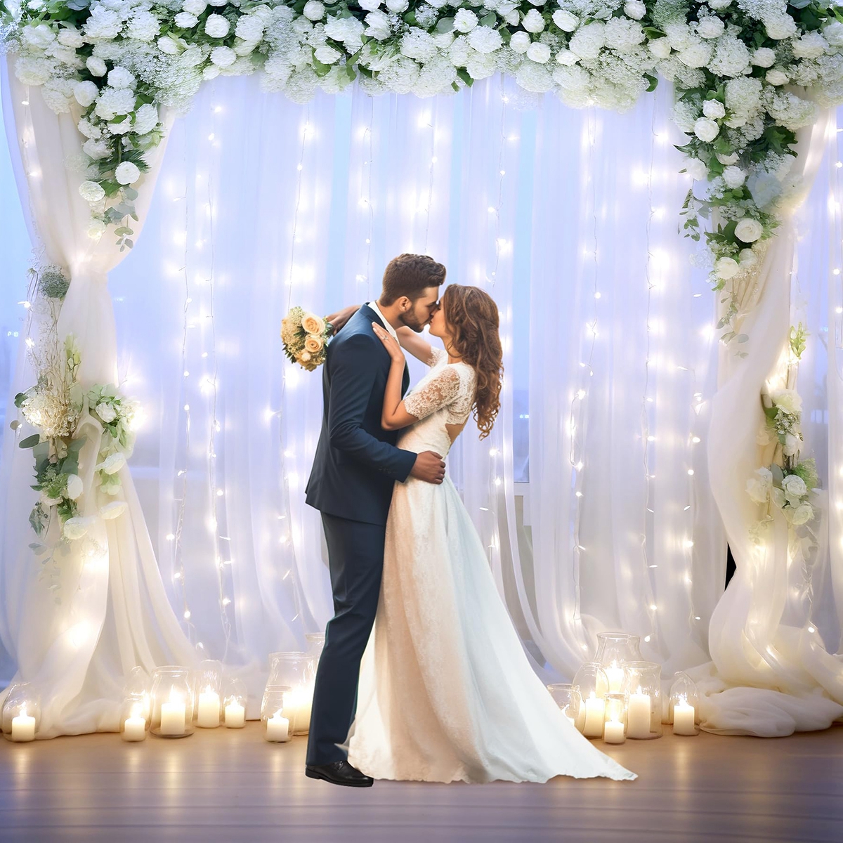 Cortinas de fondo blancas de 3x2,15 M con luces para , arco de boda, fondo fotográfico sin arrugas, decoración para de bienvenida de bebé y cumpleaños