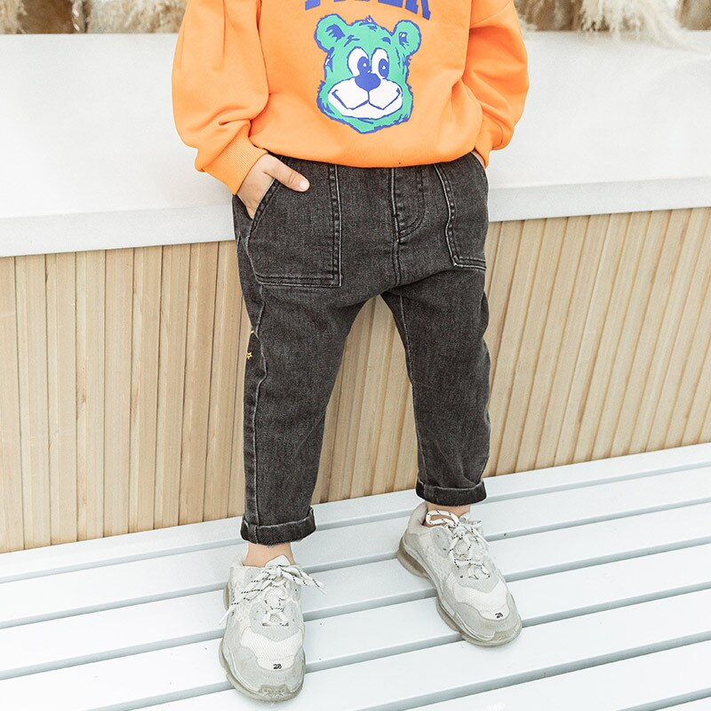 1-7T enfant en bas âge enfant jean pour garçons automne hiver pantalon Denim pantalon Gentleman Streetwear sourire imprimer mignon bas: 1 BLACK / 80