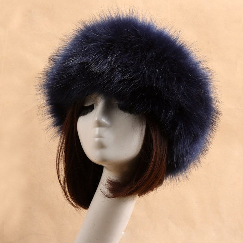 Winter Thick Furry Hairband Fluffy Russian Faux Fur Women Girl Fur Headband Hat Winter Outdoor Earwarmer Ski Hats: Navy