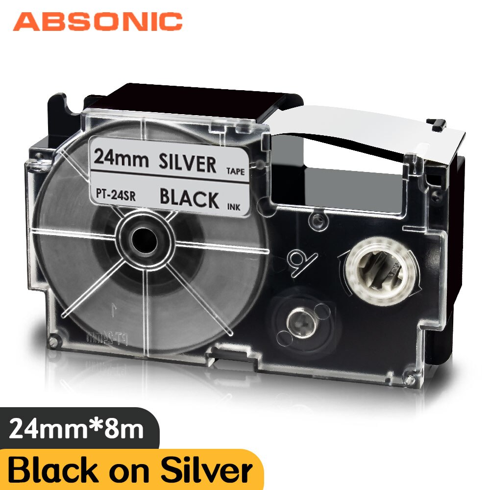 Mixed Color 24mm XR-24WE XR-24X For Casio XR-24RD XR-24BU XR-24YW XR-24GN Label Cassette for Casio CW-L300 KL-430 KL-820 Labler: Black on Silver