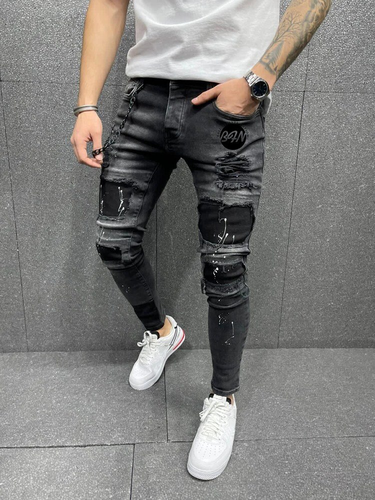 Skinny Jeans Men Beggar Ripped Jeans Stretch Zipper Denim Hip-hop Casual Men Jeans: Black Logo / M