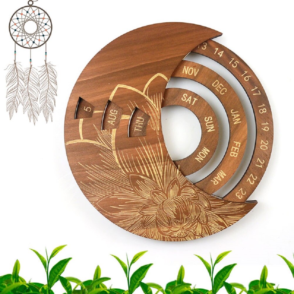 Wooden Calendar, Floral Print Rotatable Permanent Calendar Decorative Ornaments for Living Room Bedroom Arrivals