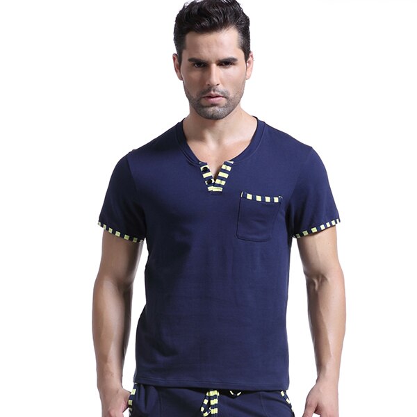 WJ Brand Man Home Leisure Clothes Mens Sexy Cotton Skinny Night Shirts Short Sleeves Sleeping Tops: dark blue / L