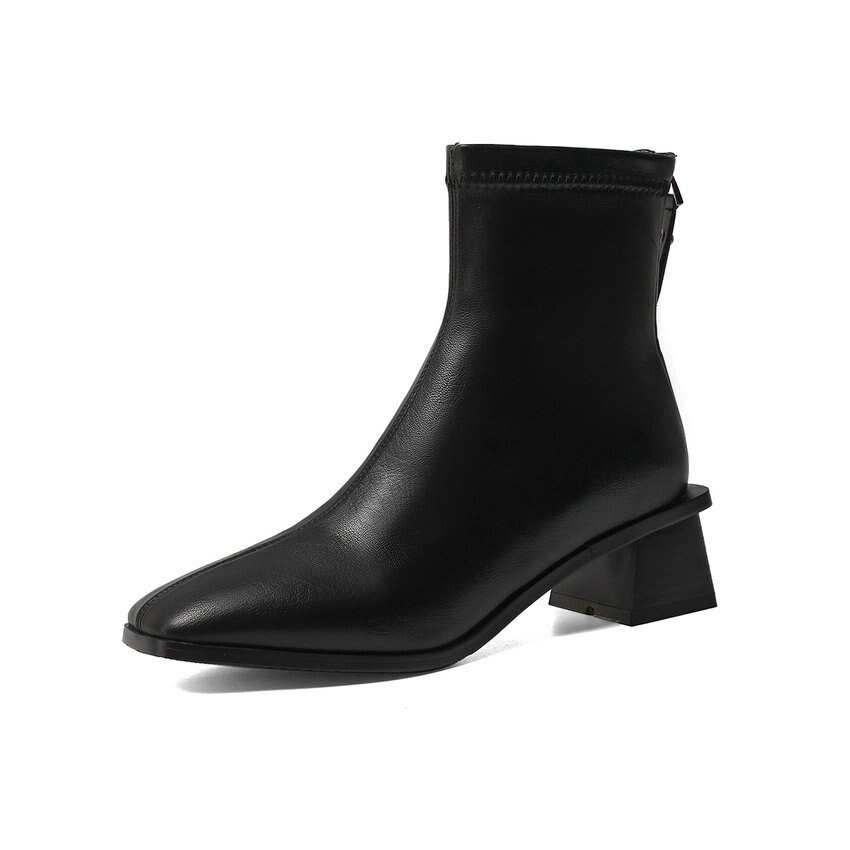 Qutaa herfst winter enkellaarsjes vierkante hak rits damesschoenen vierkante neus pu leer beknopte korte laarzen grote maat 34-43: Zwart / 7