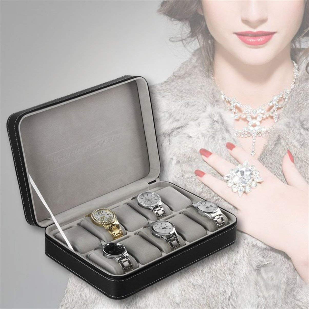 Cofanetto portatile in pelle PU con Organizer per scatola da orologio con cerniera, stile classico, 10 griglie, espositore per bracciale multifunzione