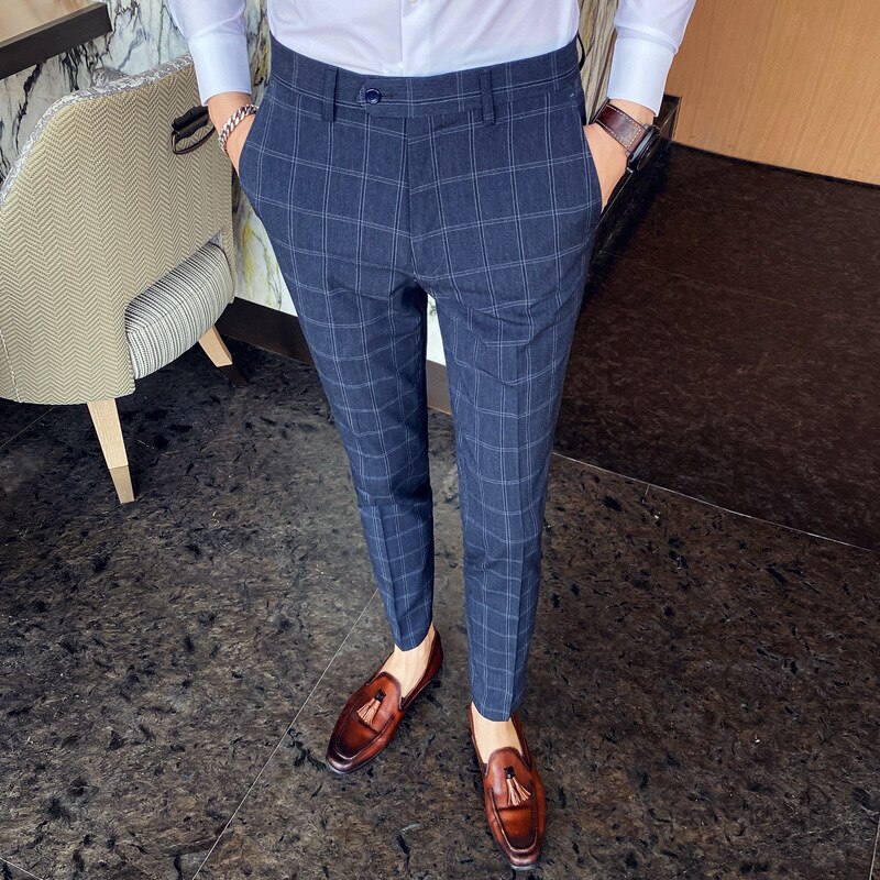 Formal Plaid Dress Trousers Men Slim Ankle Length Business Office Suit Pants British Style: K9882 blue plaid / 30
