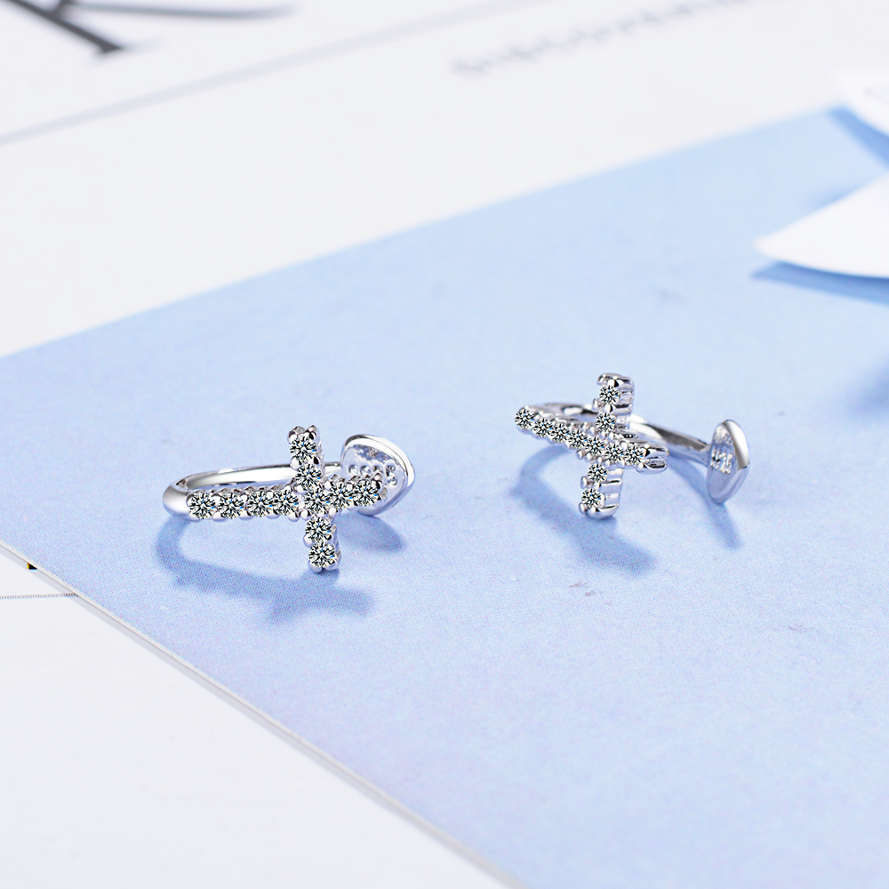 Anenjery Micro CZ Cross Clip Earrings For Women Girl 925 Sterling Silver Earrings boucle d'oreille S-E608
