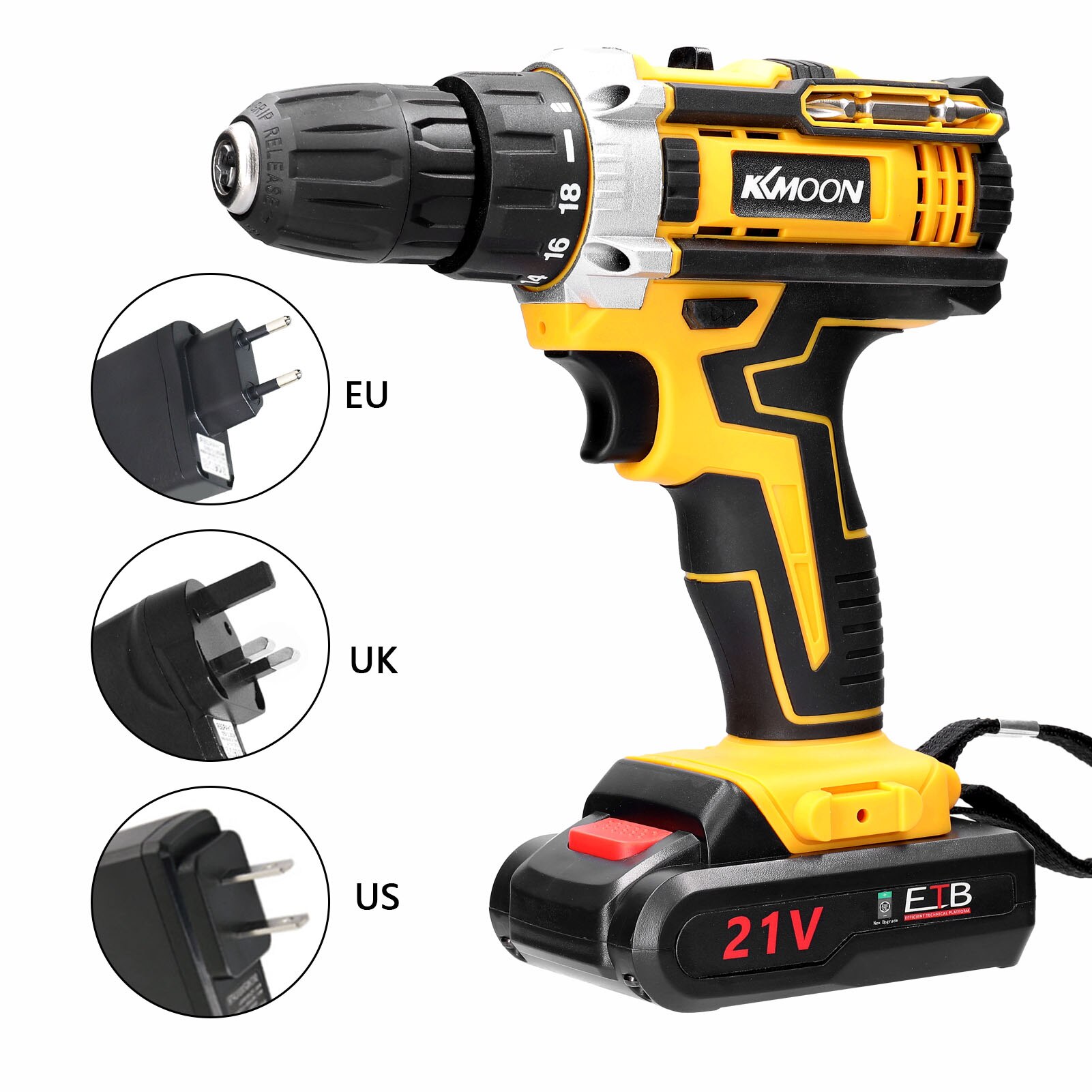 21V Cordless Electric Drill Brush Motor 2 Speeds Adjustment 18 Gears of Torque Adjustable Holes Drilling Machine