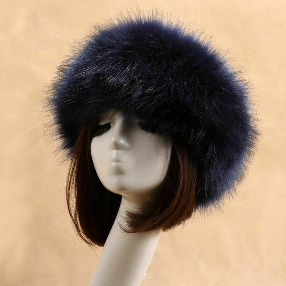 Gorro ruso grueso y esponjoso para mujer, diadema de piel sintética, calentador de oídos para invierno, esquí: Navy Blue