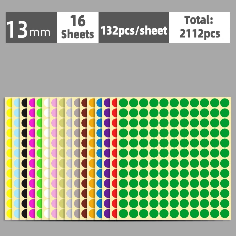 Autocollants à pois auto-adhésifs, étiquette ronde, fournitures scolaires, document mixte, multi-taille, 6mm, 8mm, 10mm, 13mm, 16mm, 19mm, 25mm, 32mm, 50mm, 100mm, 16 feuilles: kaki foncé