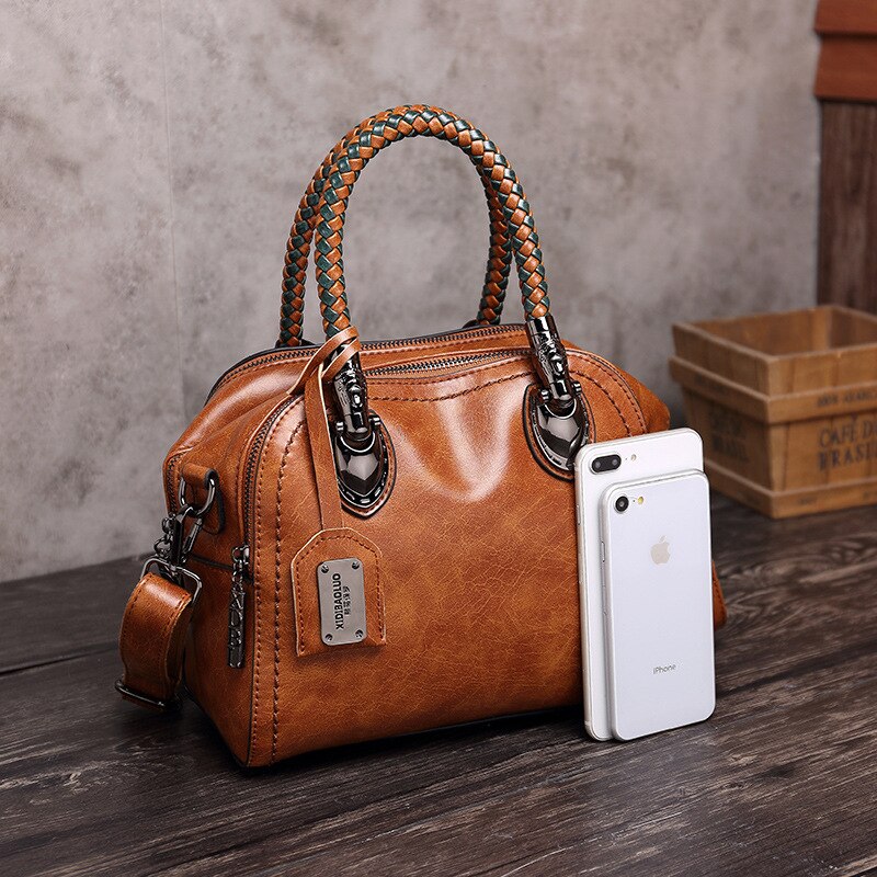 Olie Wax Lederen Hit Kleur Handtas Vrouwen Grote Capaciteit Retro Schouder Crossbody Tas Mode Vrouwelijke Tas Luxe