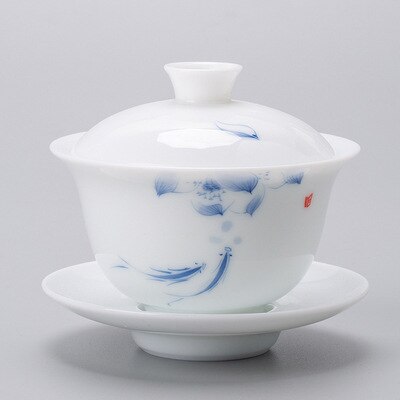 120ml di porcellana bianca avorio GaiWan dipinto a mano paesaggio tè zuppiera ciotola in ceramica con coperchio Sopera latte Oolong tè Kung Fu Teaset: E