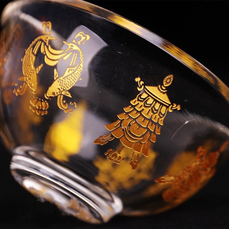 Offering Water Bowl Cup Tibetan Buddhist Mikky 8 Symbol Vessel Glass Blessed