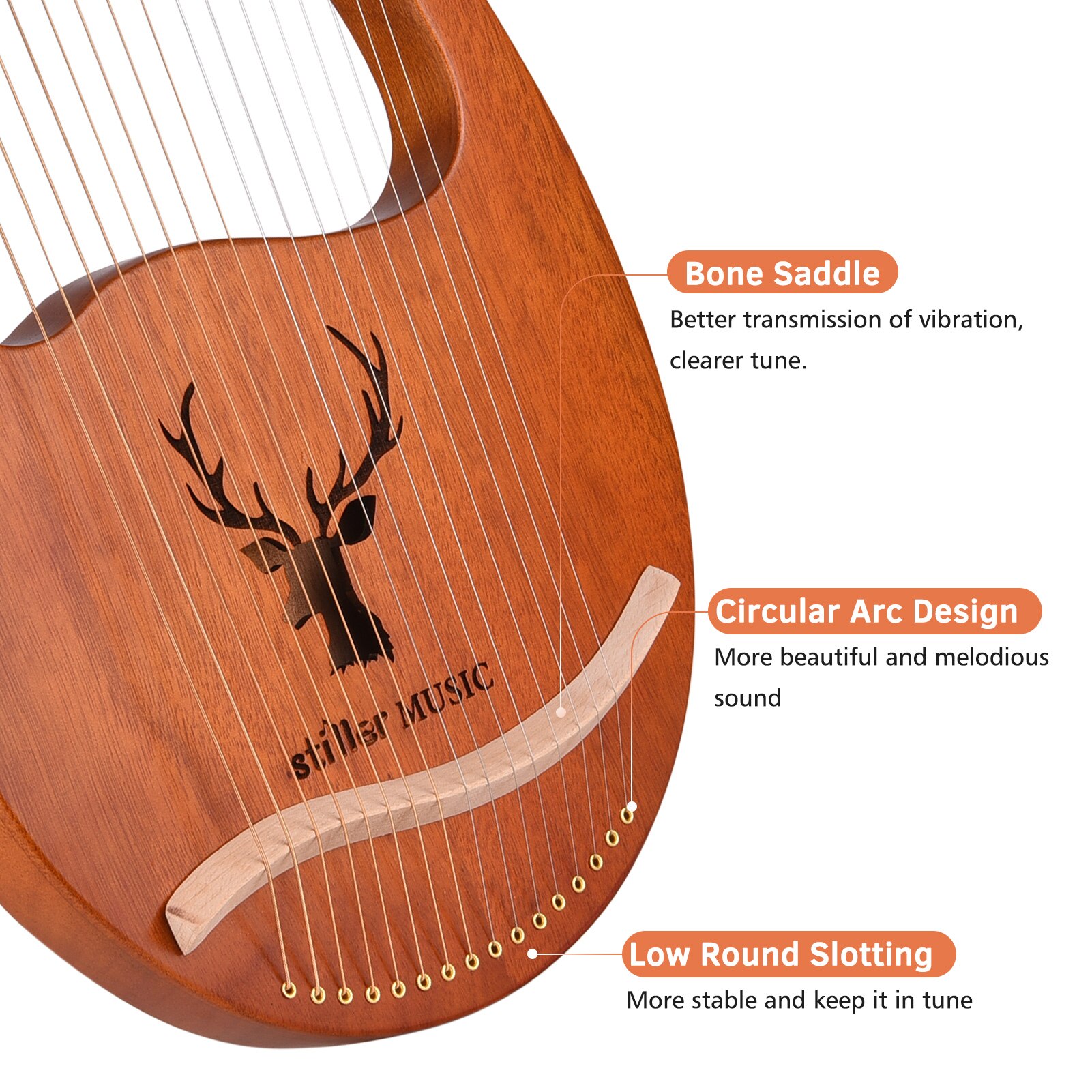 ammoon 16 String Lyre Harp Solid Wood String Instrument with Elk Pattern Storage Bag Tuning Hammer Strings Cleaning Cloth Picks