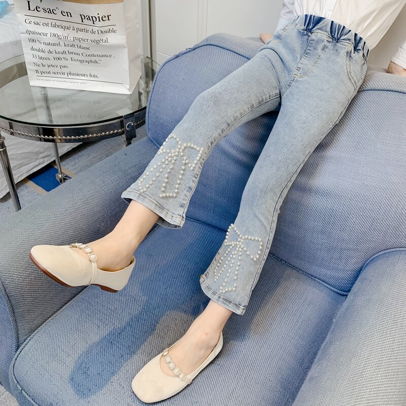 Pantalones vaqueros de cintura alta para niñas, pantalones ajustados con cuentas, ropa para adolescentes de 4, 7, 9, 11 y 14 años