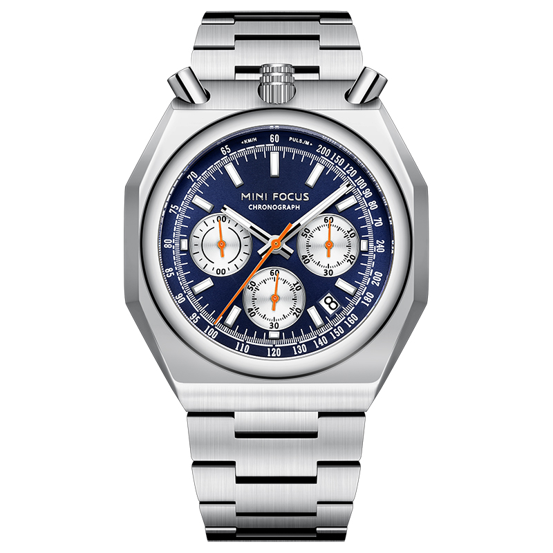 MINI FOCUS MF0601G Luxury Men Quartz Watch Waterproof Chronograph Stainless Steel Band Luminous Hands Classic Wristwatch: Blue