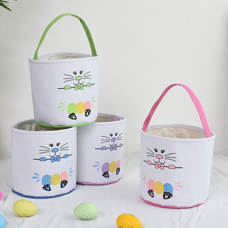 Easter Rabbit Bunny Tote Basket Footprint Egg Print Easter Basket Decoration Storage Bucket
